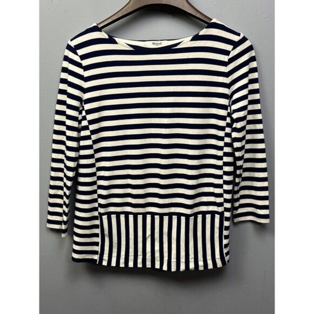 Madewell Top Womens small Blue Striped Knit Blouse 3/4‎ Sleeve Stretch Casual